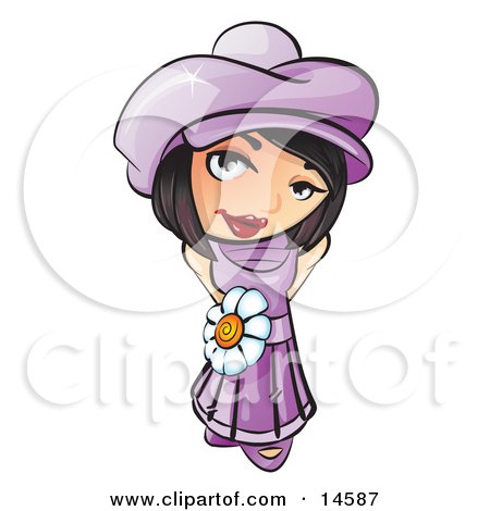 Sweet And Attractive Short Haired Brunette Woman In A Purple Hat And Dress With A White Daisy Belt Clipart Illustration by Leo Blanchette