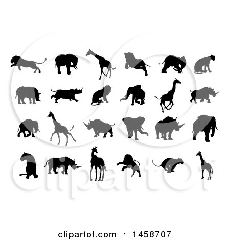 Clipart of Silhouetted Lions, Giraffes, Elephants, and Rhinos - Royalty Free Vector Illustration by AtStockIllustration