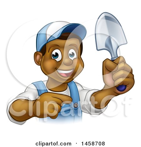 Clipart of a Cartoon Happy Black Male Gardener in Blue, Holding a Garden Trowel and Pointing - Royalty Free Vector Illustration by AtStockIllustration