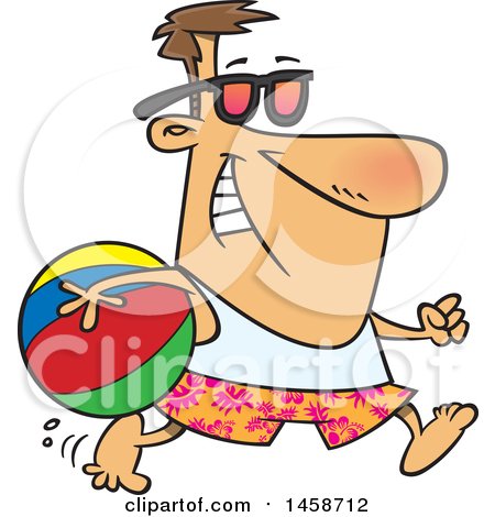 Clipart of a Cartoon Caucasian Man in Summer Gear, Running with a Beach Ball - Royalty Free Vector Illustration by toonaday