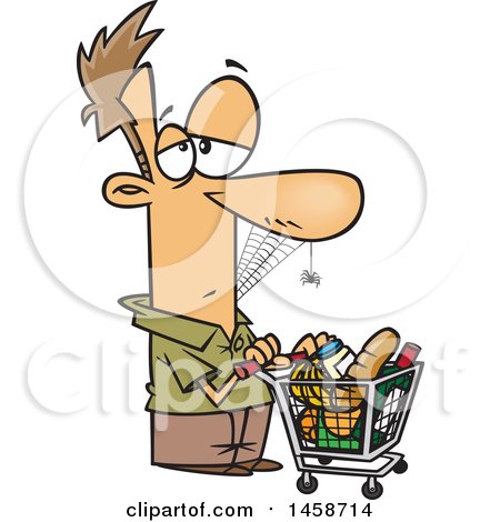Clipart of a Cartoon Caucasian Man Covered in Spider Webs, Waiting a Long Time to Checkout in a Grocery Store - Royalty Free Vector Illustration by toonaday