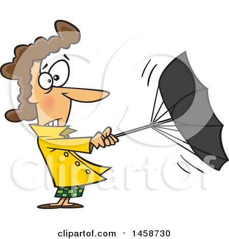 Clipart of a Cartoon Caucasian Woman Trying to Hold onto an Umbrella on a Windy Day - Royalty Free Vector Illustration by toonaday