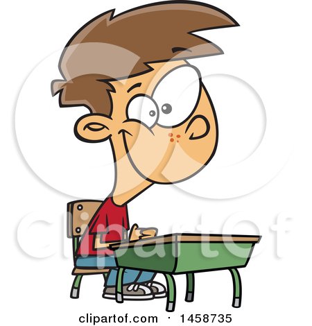 Clipart of a Cartoon Happy Caucasian Boy Sitting at His School Desk - Royalty Free Vector Illustration by toonaday