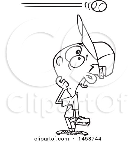 Clipart of a Cartoon Outline  Baseball Player Boy Watching a High Ball Go over His Head - Royalty Free Vector Illustration by toonaday