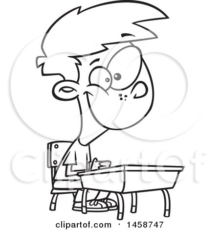 Clipart of a Cartoon Outline  Happy Boy Sitting at His School Desk - Royalty Free Vector Illustration by toonaday