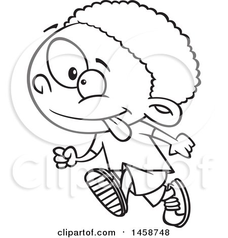 Clipart of a Cartoon Outline  Energetic African American Boy Running - Royalty Free Vector Illustration by toonaday