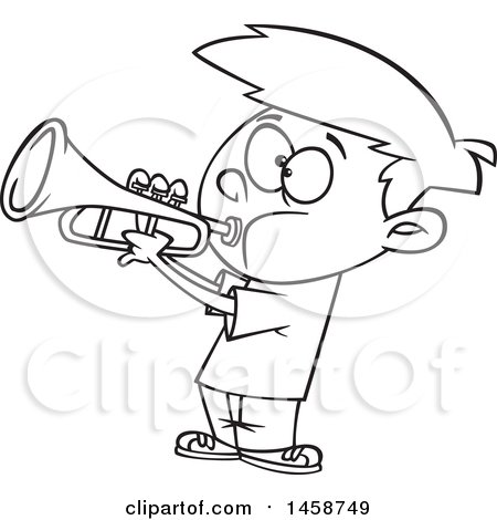 Clipart of a Cartoon Outline  Boy Playing a Trumpet - Royalty Free Vector Illustration by toonaday