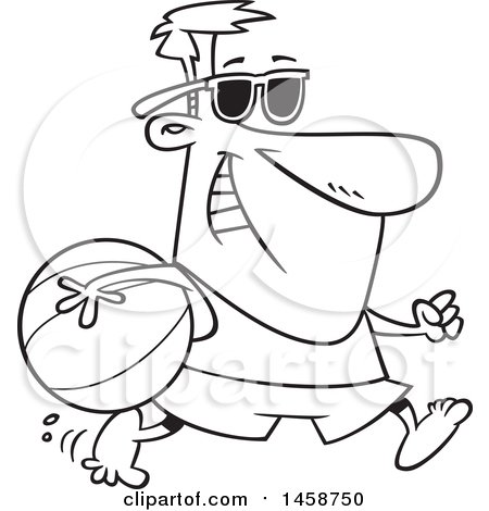 Clipart of a Cartoon Lineart Man in Summer Gear, Running with a Beach Ball - Royalty Free Vector Illustration by toonaday