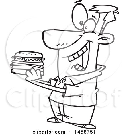 Clipart of a Cartoon Lineart Man Eating a Hamburger - Royalty Free Vector Illustration by toonaday