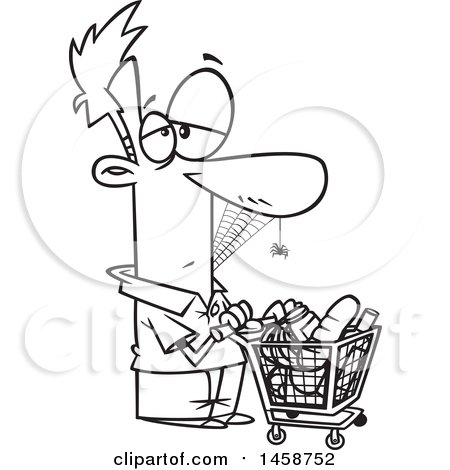 Clipart of a Cartoon Lineart Man Covered in Spider Webs, Waiting a Long Time to Checkout in a Grocery Store - Royalty Free Vector Illustration by toonaday