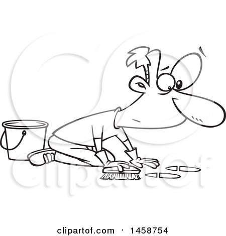 Clipart of a Cartoon Lineart Man Scrubbing a Floor - Royalty Free Vector Illustration by toonaday