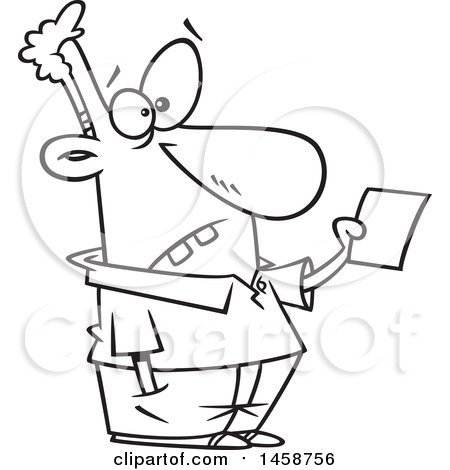 Clipart of a Cartoon Lineart Dumb Man Holding a Note - Royalty Free Vector Illustration by toonaday
