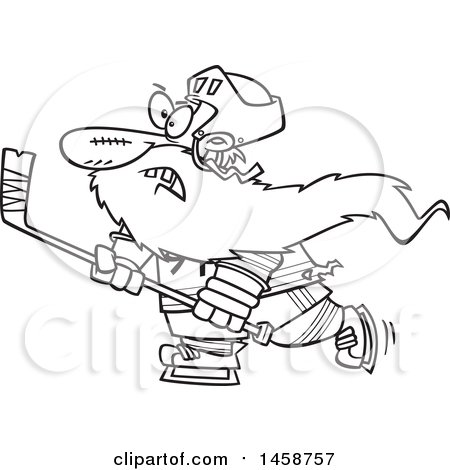 Clipart of a Cartoon Lineart Bearded Man Playing Hockey - Royalty Free Vector Illustration by toonaday