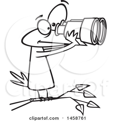 Clipart of a Cartoon Outline Bird Looking Through Binoculars, Birdwatching - Royalty Free Vector Illustration by toonaday