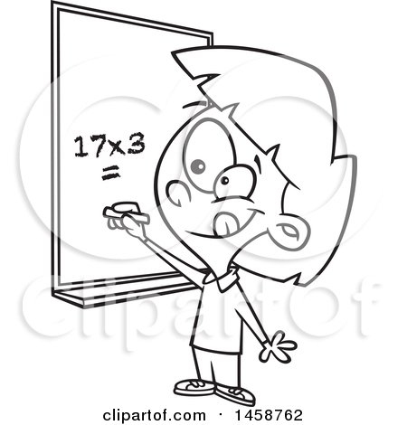 Clipart of a Cartoon Outline School Girl Solving a Multiplication Math Problem - Royalty Free Vector Illustration by toonaday