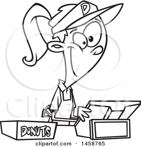 Clipart of a Cartoon Outline Young Woman Selling Donuts - Royalty Free Vector Illustration by toonaday