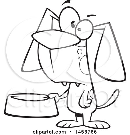 Clipart of a Cartoon Outline Dog Holding a Food Bowl - Royalty Free Vector Illustration by toonaday
