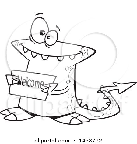 Clipart of a Cartoon Outline Welcoming Monster Holding a Sign - Royalty Free Vector Illustration by toonaday