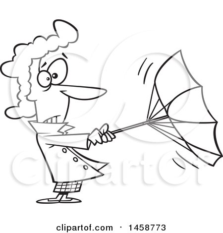 Clipart of a Cartoon Outline Woman Trying to Hold onto an Umbrella on a Windy Day - Royalty Free Vector Illustration by toonaday