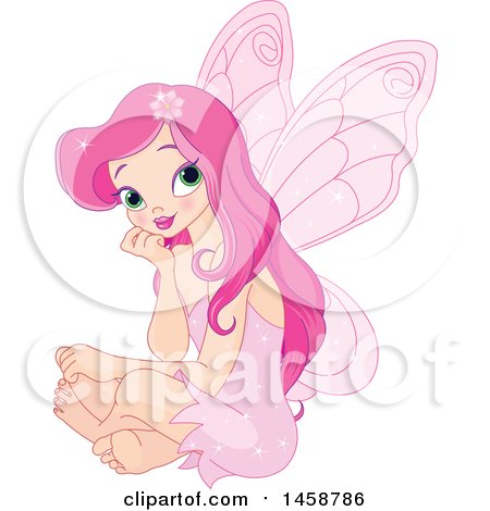 Clipart of a Pretty Pink Fairy Sitting and Thinking - Royalty Free Vector Illustration by Pushkin