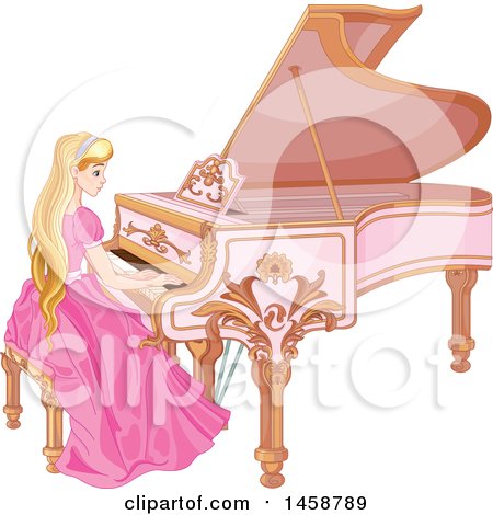 Clipart of a Girl with Long Blond Hair Sitting and Playing a Forte Piano - Royalty Free Vector Illustration by Pushkin