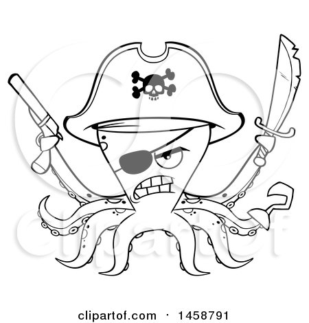 Clipart of a Tough Black and White Pirate Octopus Holding a Sword and Pistol - Royalty Free Vector Illustration by Hit Toon