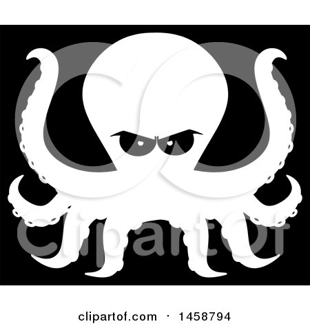 Clipart of a Black and White Angry Octopus on a Black Background - Royalty Free Vector Illustration by Hit Toon