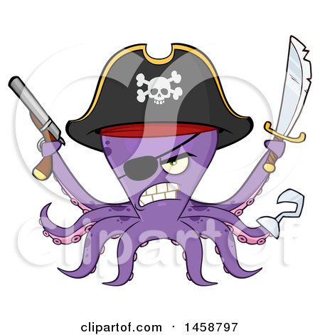 Clipart of a Tough Purple Pirate Octopus Holding a Sword and Pistol - Royalty Free Vector Illustration by Hit Toon