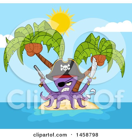 Clipart of a Tough Purple Pirate Octopus Holding a Sword and Pistol on an Island - Royalty Free Vector Illustration by Hit Toon