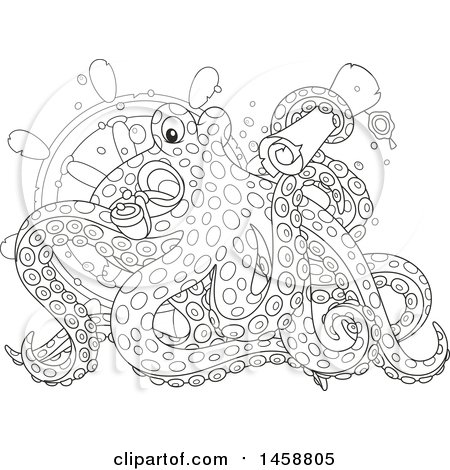 Clipart of a Black and White Octopus Holding a Scroll and Pipe at a Sunken Helm - Royalty Free Vector Illustration by Alex Bannykh