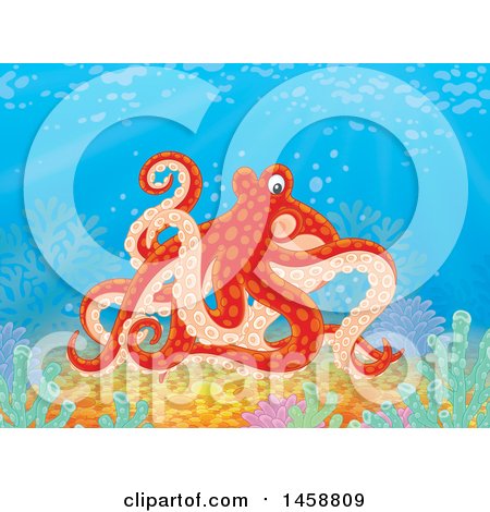 Clipart of a Red Octopus on a Reef - Royalty Free Illustration by Alex Bannykh