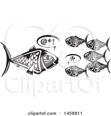 Clipart of a Black and White Woodcut Big Fish Speaking to Smaller Fish - Royalty Free Vector Illustration by xunantunich