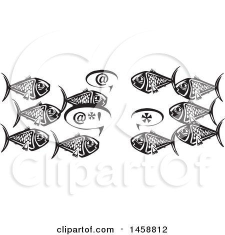 Clipart of a Black and White Woodcut Group of Fish Talking - Royalty Free Vector Illustration by xunantunich