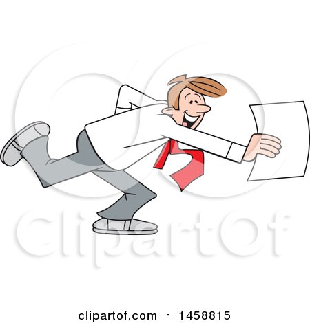 Clipart of a Cartoon Happy Business Man Rushing a Document - Royalty Free Vector Illustration by Johnny Sajem