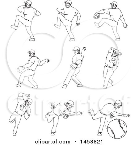 Clipart of a Black and White Baseball Player Pitching, Shown in Different Phases of Movement, Black and White Mono Line Style - Royalty Free Vector Illustration by patrimonio