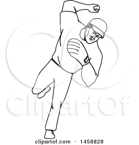 Clipart of a Black and White Baseball Player Pitching, Black and White Mono Line Style - Royalty Free Vector Illustration by patrimonio