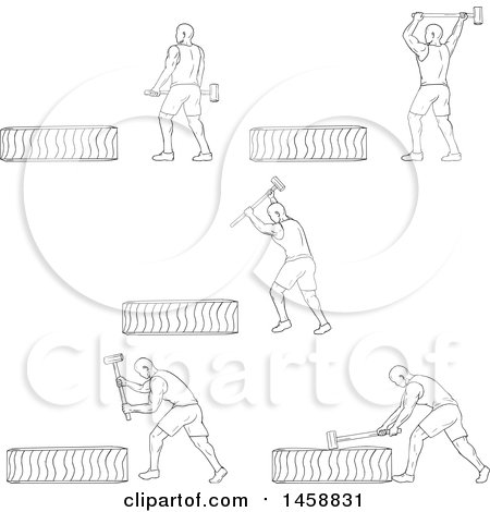Clipart of a Black and White Athlete Hitting a Tire with a Hammer, in Sketch Style - Royalty Free Vector Illustration by patrimonio