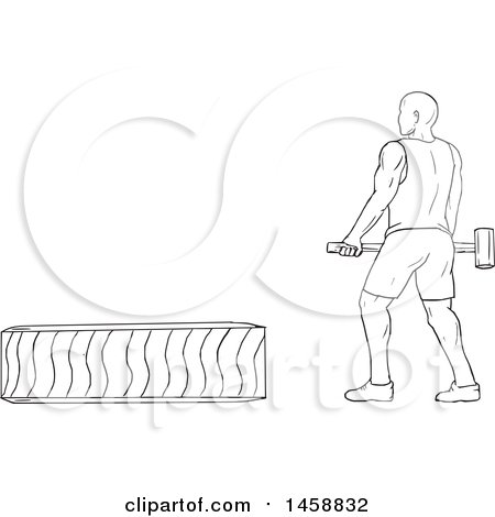 Clipart of a Black and White Athlete Hitting a Tire with a Hammer, in Sketch Style - Royalty Free Vector Illustration by patrimonio