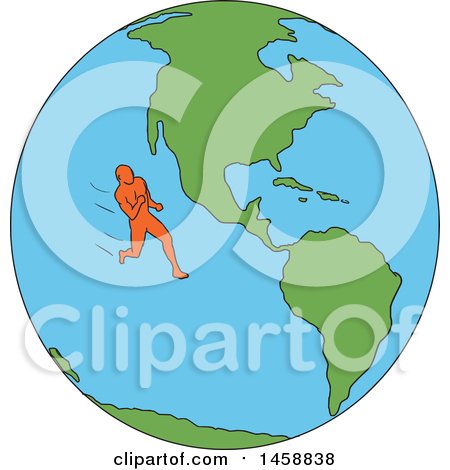 Clipart of a Marathon Runner on a Globe Featuring the Americas, in Sketched Drawing Style - Royalty Free Vector Illustration by patrimonio
