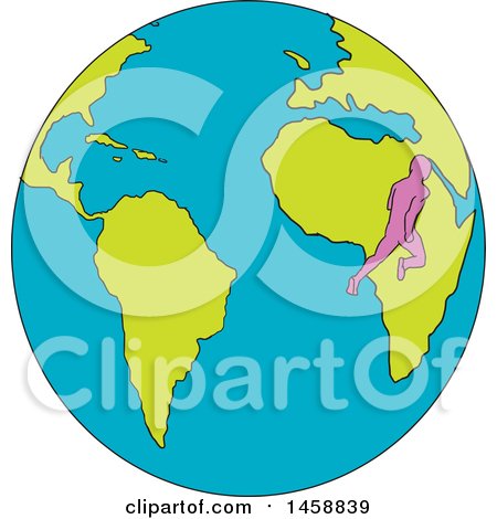 Clipart of a Marathon Runner on a Globe Featuring South America and Africa, in Sketched Drawing Style - Royalty Free Vector Illustration by patrimonio