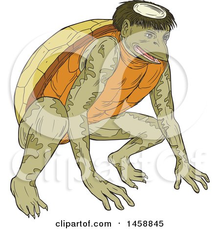 Clipart of a Crouching Kappa Demon Turtle, in Sketched Drawing Style - Royalty Free Vector Illustration by patrimonio