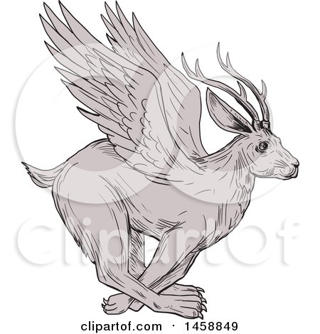 Clipart of a Wolpertinger Deer Rabbit, in Sketched Drawing Style - Royalty Free Vector Illustration by patrimonio