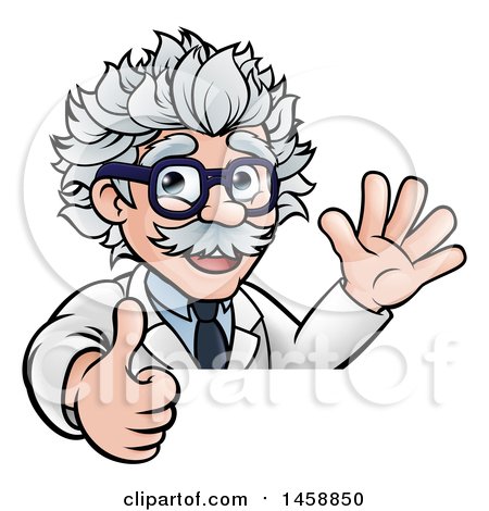 Clipart of a Cartoon Senior Male Scientist Giving a Thumb up and Waving over a Sign - Royalty Free Vector Illustration by AtStockIllustration