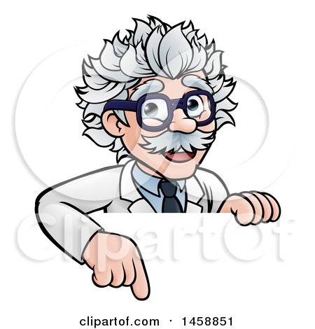 Clipart of a Cartoon Senior Male Scientist Pointing down over a Sign - Royalty Free Vector Illustration by AtStockIllustration