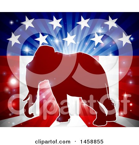 Clipart of a Red Silhouette of a Republican Elephant over an American Flag Themed Burst - Royalty Free Vector Illustration by AtStockIllustration