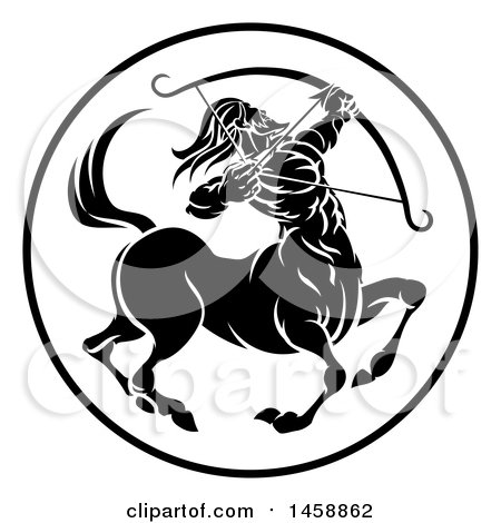 Clipart of a Black and White Zodiac Horoscope Astrology Centaur Sagittarius Circle Design - Royalty Free Vector Illustration by AtStockIllustration