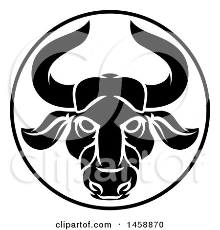 Clipart of a Black and White Zodiac Horoscope Astrology Taurus Bull Circle Design - Royalty Free Vector Illustration by AtStockIllustration