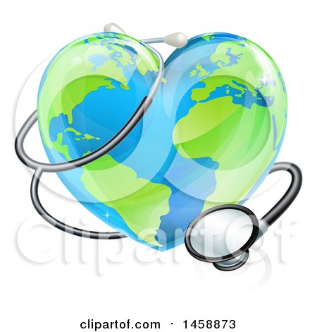 Clipart of a 3d Medical Stethoscope Around a Heart World Earth Globe - Royalty Free Vector Illustration by AtStockIllustration
