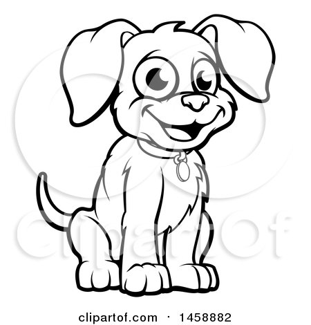 Clipart of a Black and White Cartoon Puppy Dog - Royalty Free Vector Illustration by AtStockIllustration