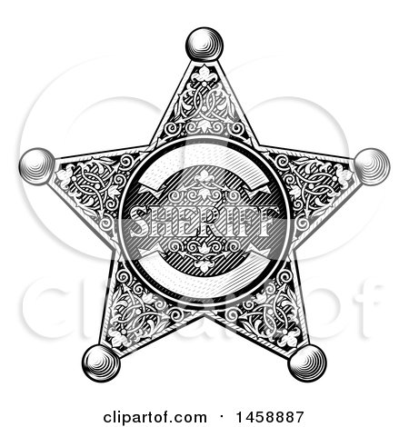 Clipart of a Black and White Vintage Etched Engraved Sheriff Star Badge - Royalty Free Vector Illustration by AtStockIllustration
